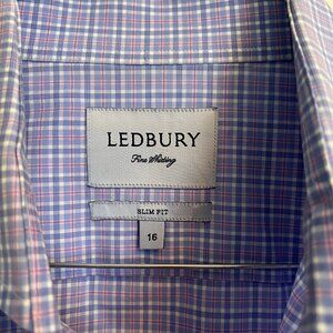 Ledbury 100% cotton slim fit dress shirt size 16 - purple, pink, and white check